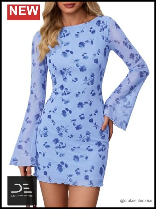 Dresses & Skirts - Women's Floral Long Sleeve Bodycon Mini Dress Boat Neck Bell Sleeve Mesh Club